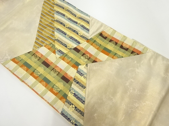 アンティーク　切り嵌めに縞・花唐草模様織出し袋帯（材料）